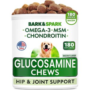Bark&Spark Glucosamine Hip & Joint Chews for Dogs with Chondroiting, MSM, Omega Bacon Falvored, 180 count