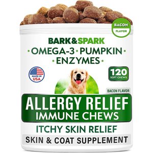 Bark&Spark Allergy Relief Immune Skin & Coat Support Bacon Flavor Chew Supplement for Dogs, 120 count