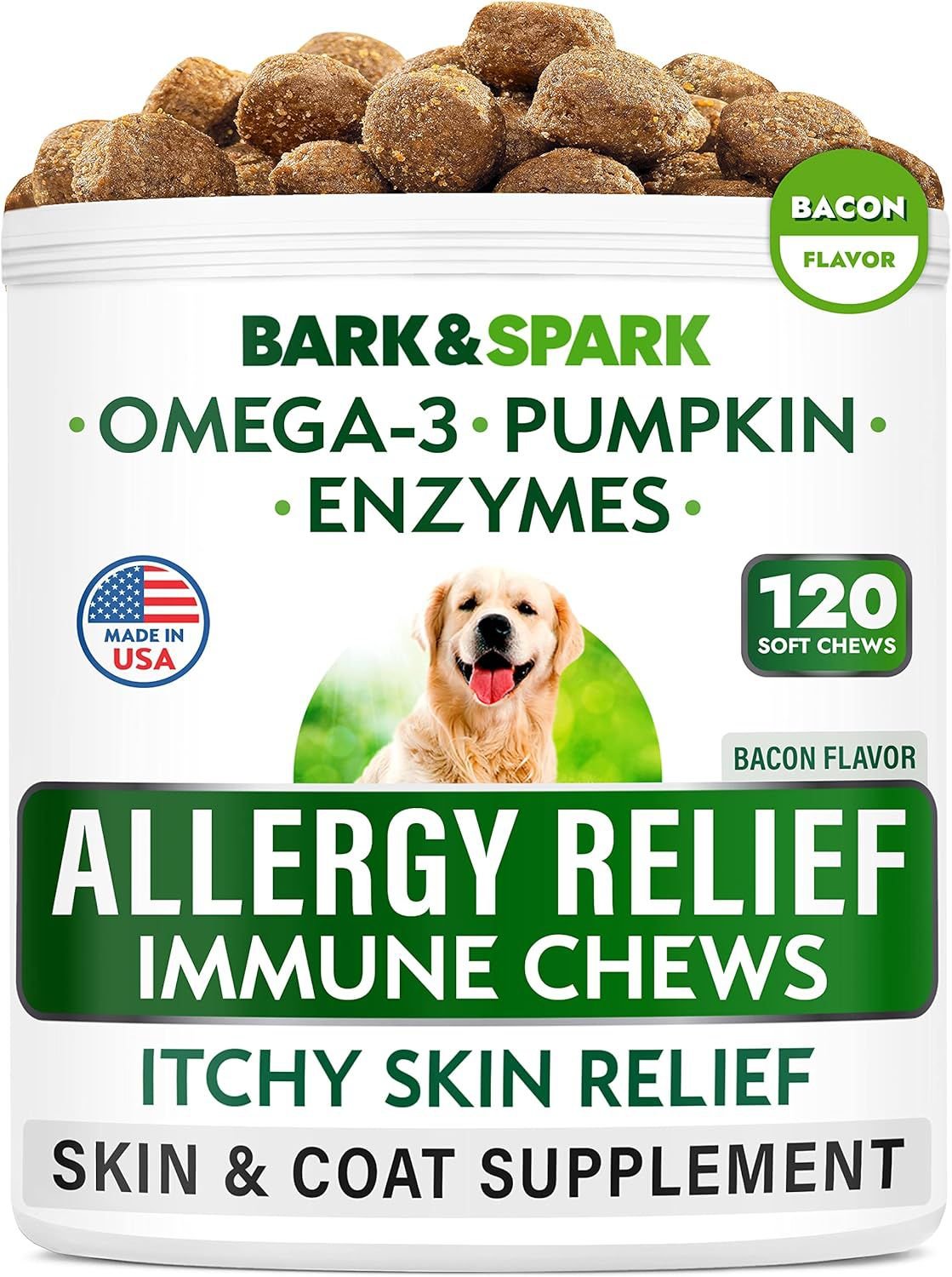 BARK&SPARK Allergy Relief Immune Skin & Coat Support Bacon Flavor Chew ...