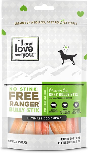 I and Love and You No Stink! Free Ranger Beef Bully Stix Grain-Free Dog Chews, 6-in, 5 pack slide 1 of 10