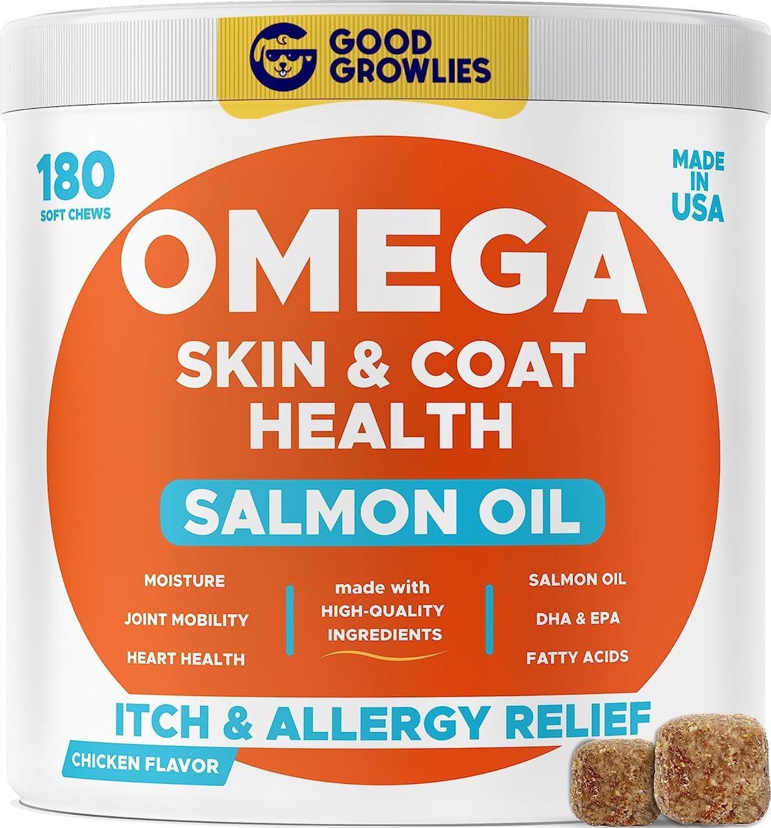 GoodGrowlies Omega 3 Alaskan Fish Oil Dry Itchy Skin Relief Allergy Support Chew Supplement for Dogs 180 count