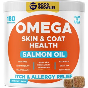 GoodGrowlies Omega 3 Alaskan Fish Oil Dry & Itchy Skin Relief + Allergy Support Chew Supplement for Dogs, 180 count