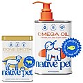 Native Pet Beef Bone Broth Powder Food Topper, 4.75-oz + Omega 3 Fish Oil Skin & Coat Health Dog Supplement, 8-oz
