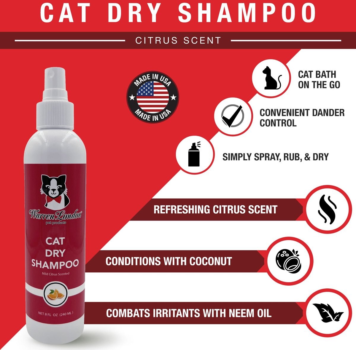 WARREN LONDON Citrus Dry & Waterless Cat Shampoo, 8oz bottle