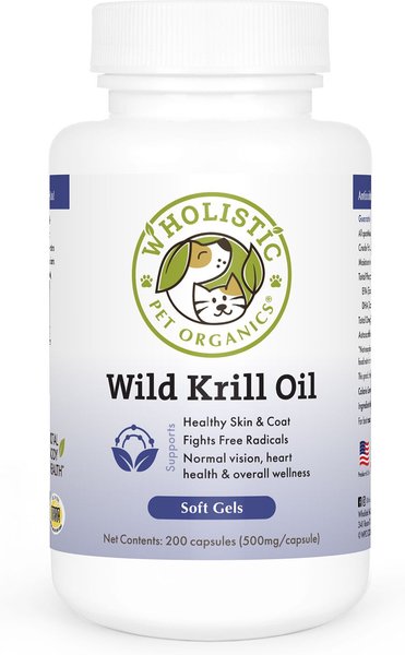 Wholistic Pet Organics Krill Oil Capsules Supplement for Dogs & Cats, 200 count