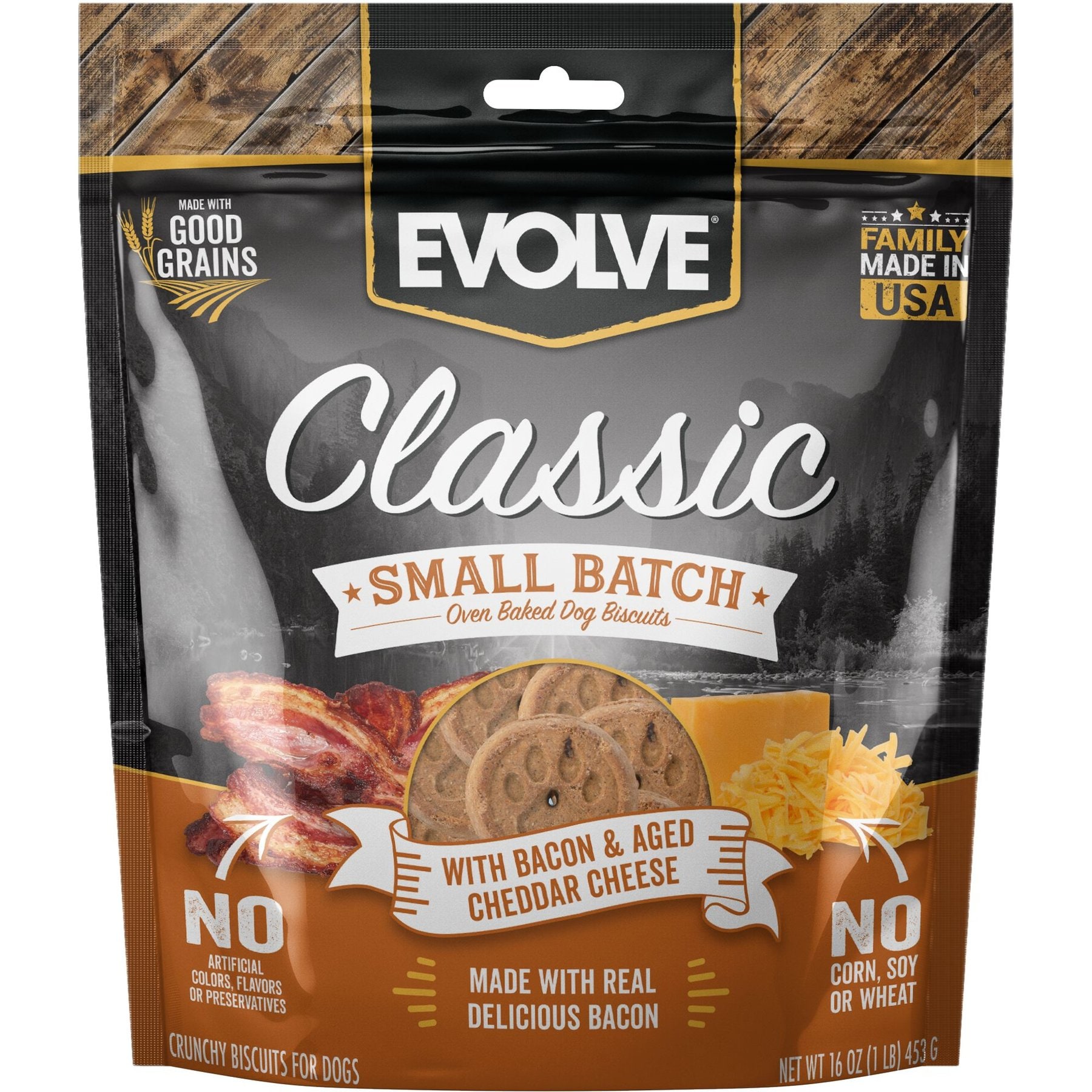 Evolve Evolve Classic Small Batch Bacon & Cheddar Biscuits Dog Treats, 16-oz bag