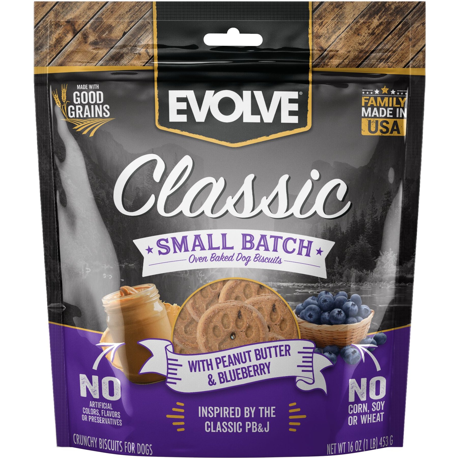 Evolve Classic Small Batch Peanut Butter & Blueberry Biscuits Dog Treats, 16-oz bag