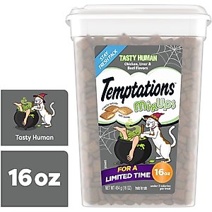 Temptations MixUps Tasty Human, Chicken, Liver & Beef Flavors Soft & Crunchy Cat Treats, 16-oz tub
