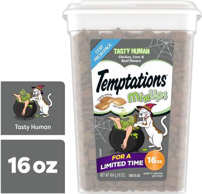 Show full view: Temptations MixUps Tasty Human, Chicken, Liver & Beef Flavors Soft & Crunchy Cat Treats, 16-oz tub slide 6 of 11