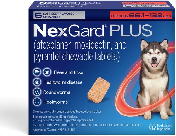 NexGard PLUS Chew for Dogs, 66.1-132 lbs. (Red Box) 6 Chews (6-mos. supply) slide 1 of 9