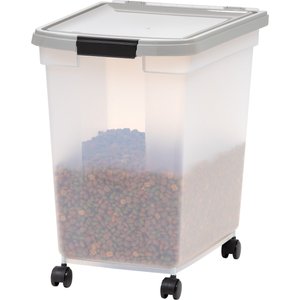 IRIS USA WeatherPro Dog, Cat, Bird & Small-Pet Food Storage Bin Airtight Container, Clear & Gray, Large