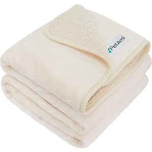 PetAmi Sherpa Fleece Waterproof Cat & Dog Blanket, Beige, Queen 
