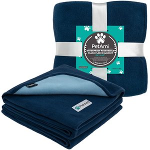 PetAmi Reversible Fleece Waterproof Cat & Dog Blanket, Navy/Blue, Medium 