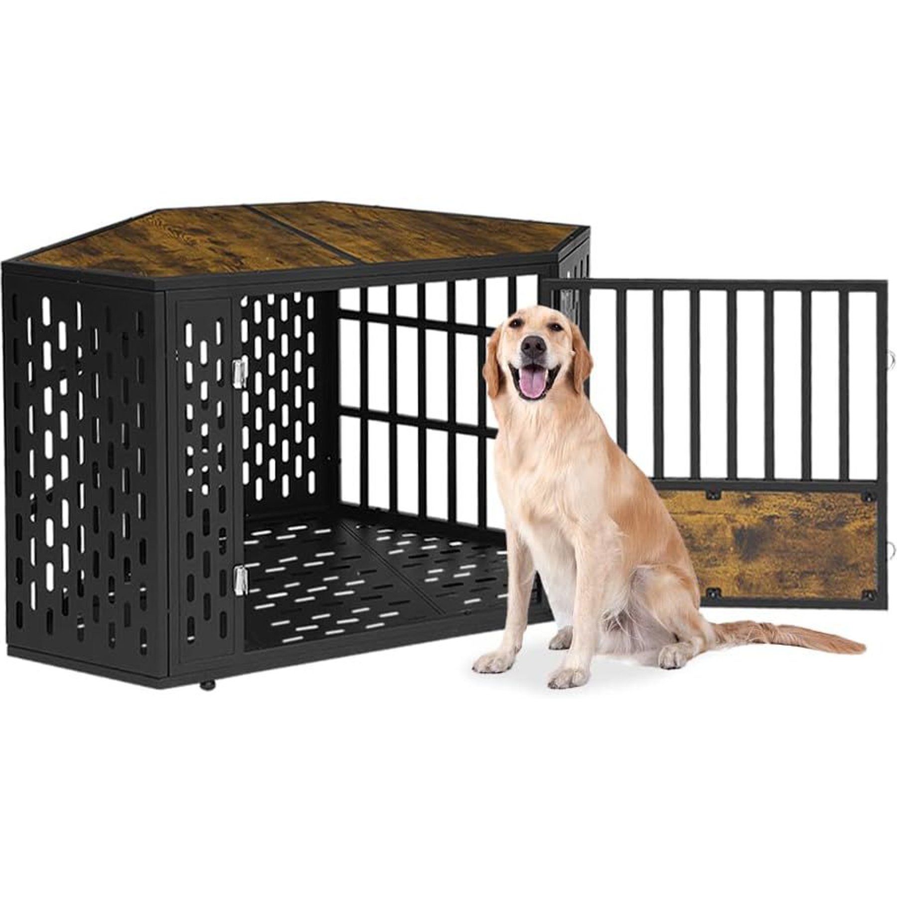 SMONTER Wooden Corner Crate Furniture Style Dog Kennel Large