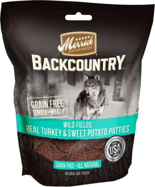 Merrick Backcountry Wild Fields Real Turkey & Sweet Potato Patties Grain-Free Dog Treats, 4-oz bag slide 1 of 5