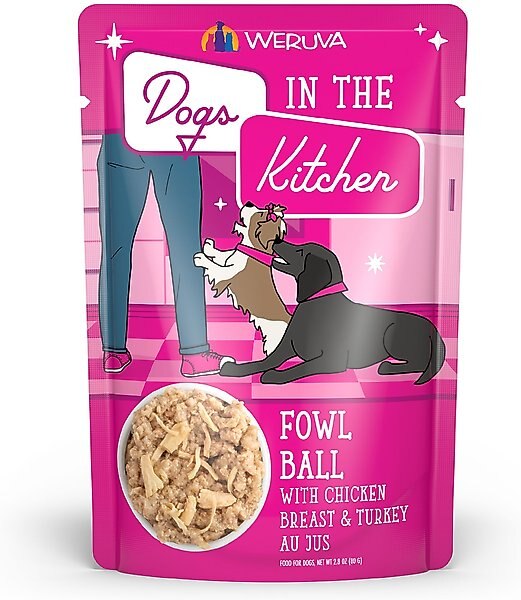 Weruva Dogs in the Kitchen Fowl Ball with Chicken Breast & Turkey Au Jus Grain-Free Dog Food Pouches, 2.8-oz, case of 12 slide 1 of 10