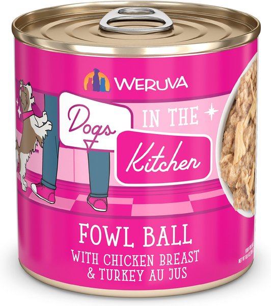 Weruva Dogs in the Kitchen Fowl Ball with Chicken Breast & Turkey Au Jus Grain-Free Canned Dog Food, 10-oz can, case of 12 slide 1 of 7
