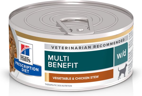 Hill's Prescription Diet w/d Multi-Benefit Digestive, Weight, Glucose, Urinary Management Vegetable & Chicken Stew Canned Dog Food, 5.5-oz, case of 24 slide 1 of 11