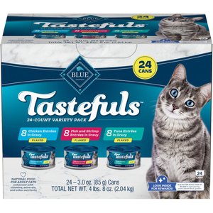 Blue Buffalo Tastefuls Tuna, Chicken, Fish & Shrimp Entrées Variety Pack Flaked Wet Cat Food, 3-oz can, case of 24