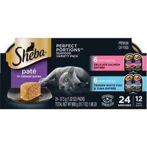 Sheba Perfect Portions Grain-Free Seafood Entrees Pate Variety Pack Adult Wet Cat Food Trays, 2.6-oz, case of 24 twin-packs