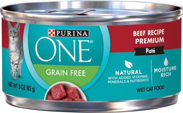 Purina ONE Beef Recipe Pate Grain-Free Natural High Protein Canned Cat Food, 3-oz, case of 24 slide 1 of 11