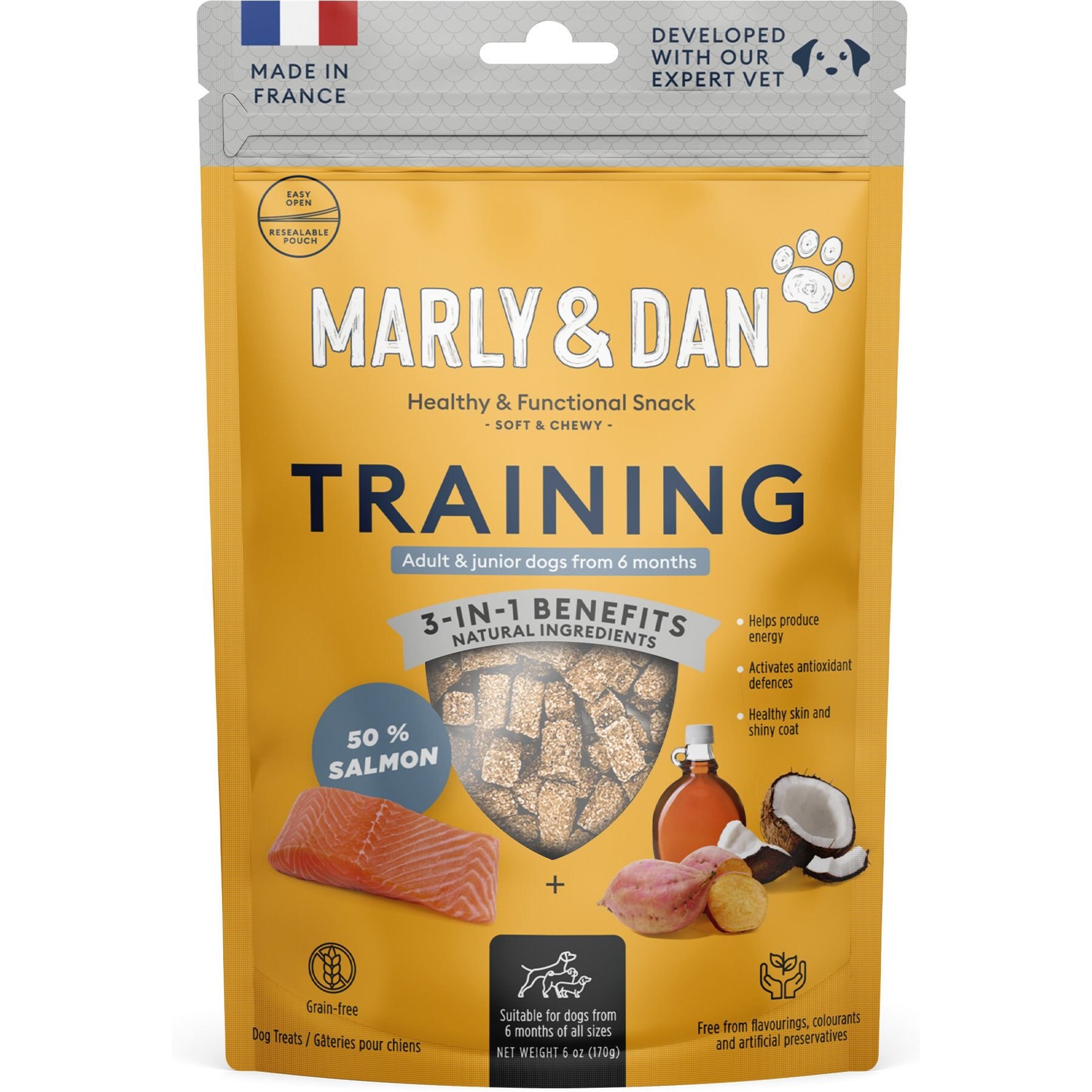 Marly & Dan Healthy & Functional Salmon Dog Treats with Sweet Potato & Pumpkin, Senior Dog Recipe, 6-oz bag