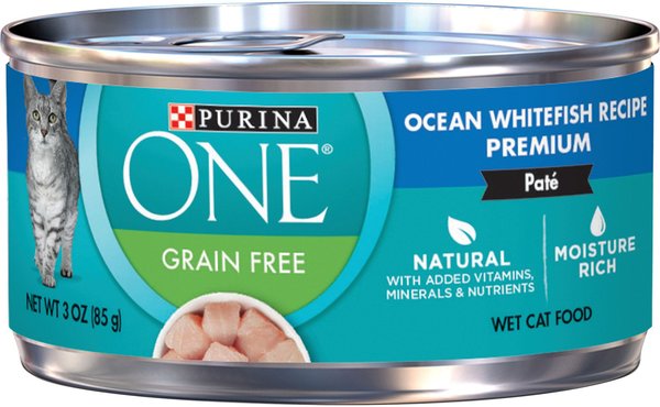 Purina ONE Ocean Whitefish Recipe Pate Grain-Free Natural High Protein Canned Cat Food, 3-oz, case of 24 slide 1 of 11