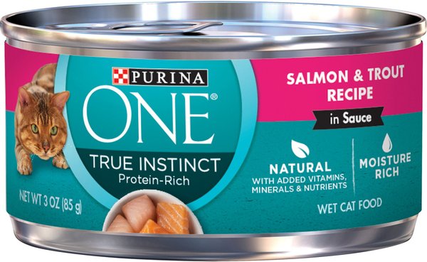 Purina ONE True Instinct Salmon & Trout Recipe in Sauce Natural High Protein Canned Cat Food, 3-oz, case of 24 slide 1 of 11