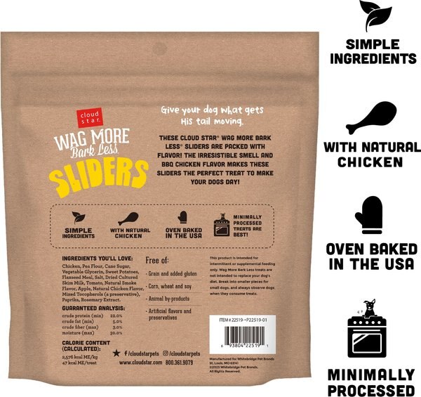 Cloud Star Wag More Bark Less Sliders BBQ Chicken Recipe Grain-Free Soft & Chewy Dog Treats, 8-oz bag