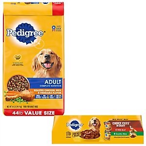 Pedigree Complete Nutrition Roasted Chicken, Rice & Vegetable Flavor Dry Food + Choice Cuts In Gravy Beef & Country Stew Canned Wet Dog Food Variety Pack