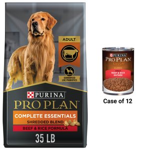 Purina Pro Plan Shredded Blend Beef & Rice Formula Dry Food + Complete Essentials Beef & Rice Entree Wet Dog Food