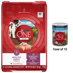 Purina ONE +Plus Natural High Protein Healthy Puppy Formula Dry Food + +Plus Classic Ground Healthy Puppy Lamb & Long Canned Dog Food