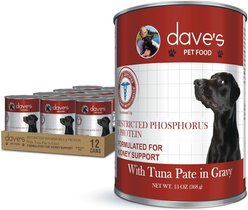 Dave's Pet Food Restricted Phosphorus & Protein Kidney Support, Tuna Pate in Gravy Wet Dog Food, 13.2-oz can, case of 12