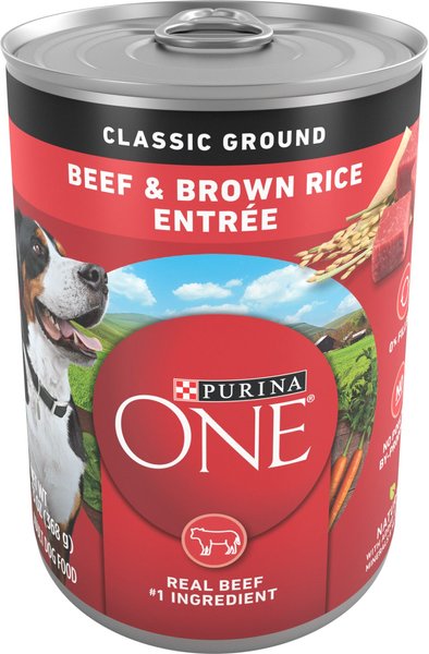 Purina ONE SmartBlend Classic Ground Beef & Brown Rice Entree Adult Canned Dog Food, 13-oz, case of 12 slide 1 of 11