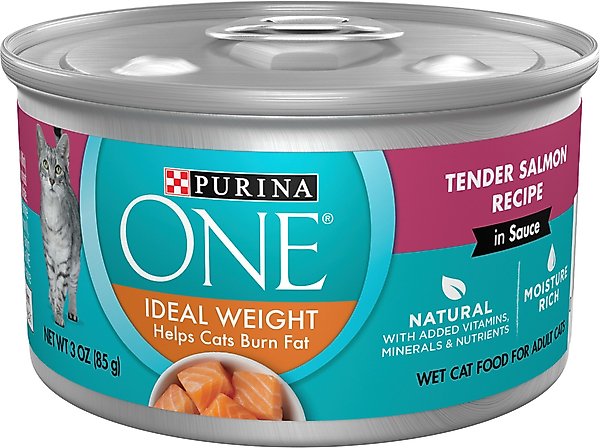 'Purina ONE Natural Weight Control Ideal Weight Tender Salmon Recipe Wet Cat Food, 3-oz, case of 24 slide 1 of 12