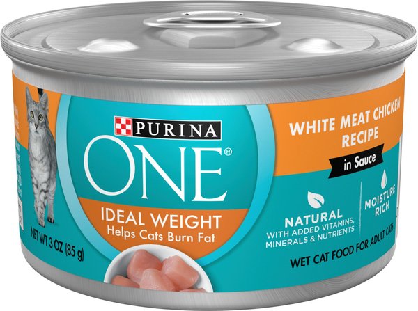 'Purina ONE Natural Weight Control Ideal Weight White Meat Chicken Recipe in Sauce Wet Cat Food, 3-oz, case of 24 slide 1 of 12