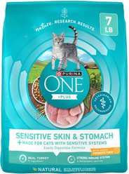 Purina ONE +Plus Sensitive Skin & Stomach Natural Adult Dry Cat Food, 7-lb bag