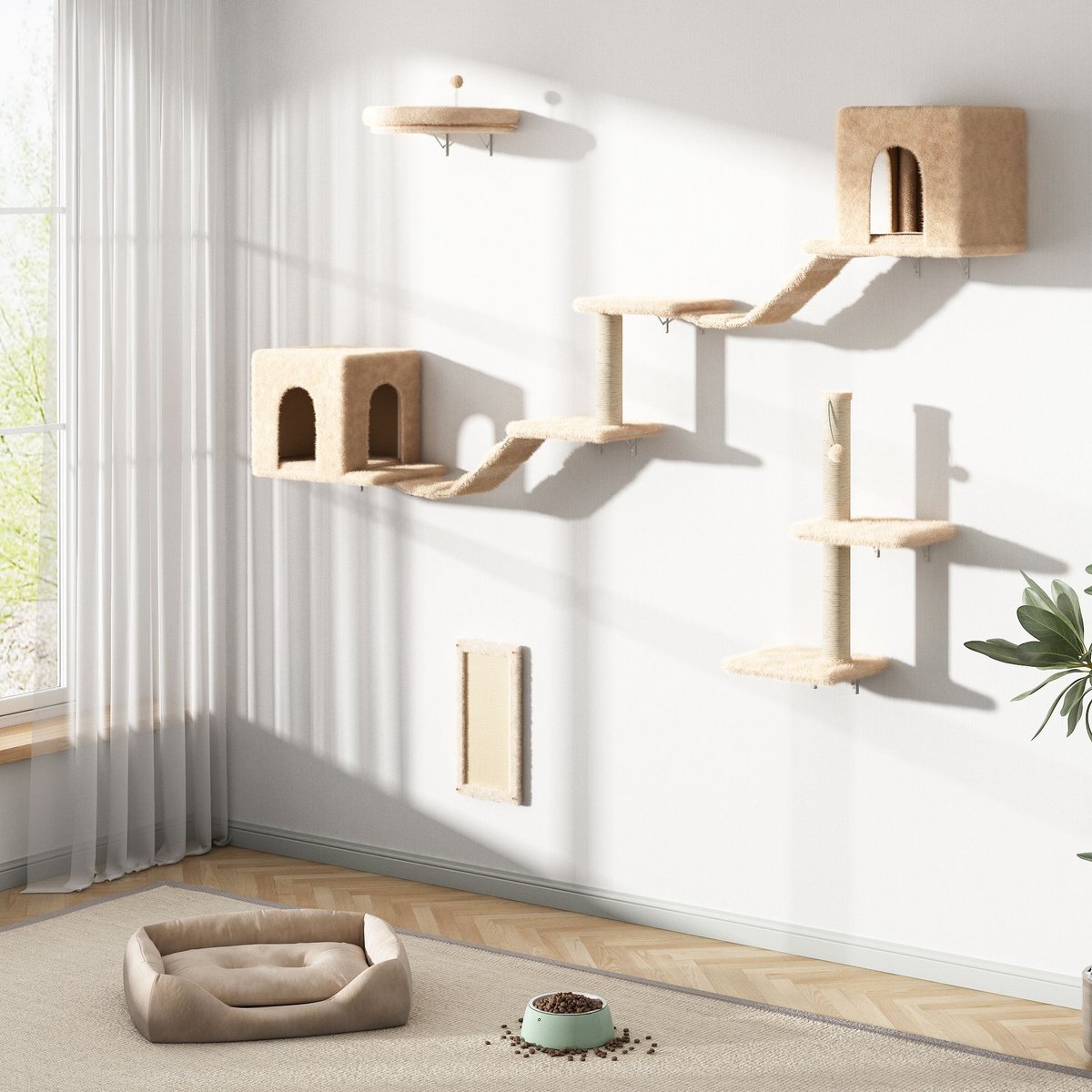 COZIWOW Wall Mounted Cat Shelves, Beige, Large