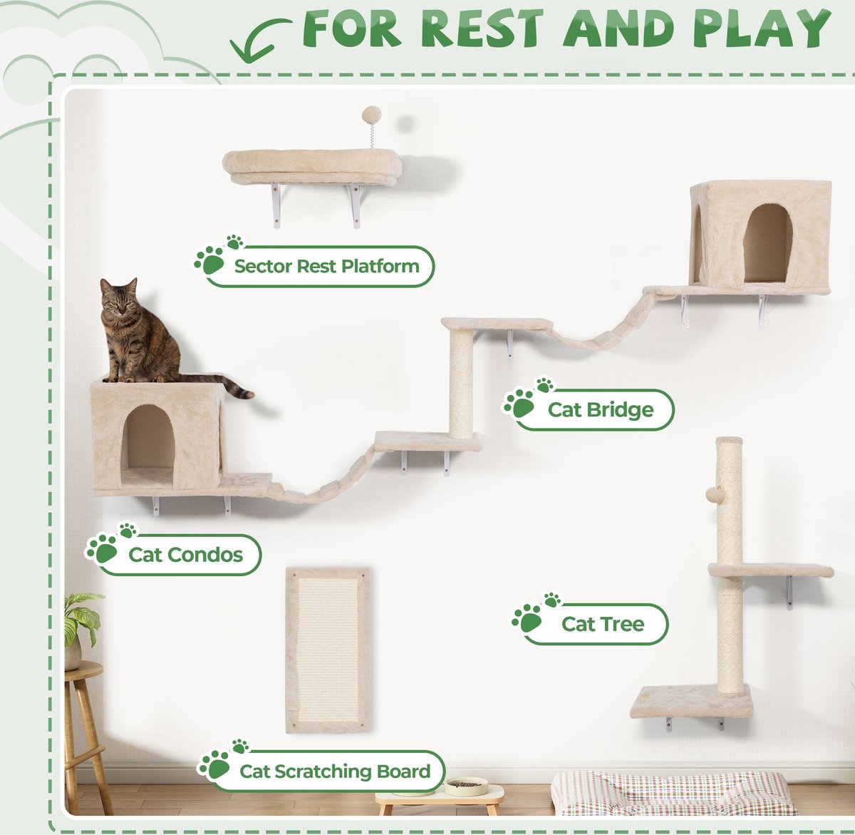 COZIWOW Wall Mounted Cat Shelves, Beige, Large