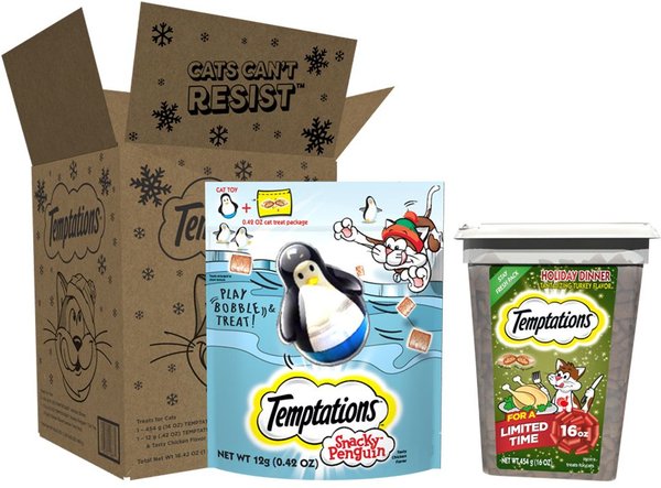 Temptations Crunchy Seasonal Holiday Bundle Snacky Penguin with Holiday Dinner Crunchy Cat Treats 16 oz tub