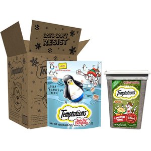 Temptations Crunchy Seasonal Holiday Bundle Snacky Penguin with Holiday Dinner Crunchy Cat Treats, 16-oz tub