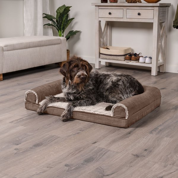 FurHaven Two-Tone Fur & Suede Deluxe Full Support Bolster Cat & Dog Bed with Removable Cover