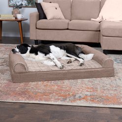 FurHaven Luxe Fur & Performance Linen Orthopedic Cat & Dog Bed with Removable Cover, Woodsmoke, Jumbo