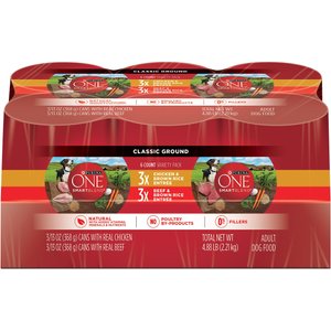 Purina ONE Natural Pate SmartBlend Chicken Entree & Beef Entrée Wet Dog Food Variety Pack, 13-oz, case of 6
