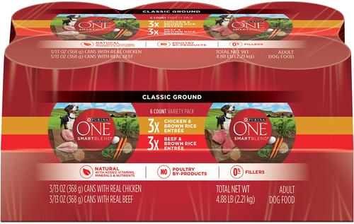 Purina ONE Natural Pate SmartBlend Chicken Entree & Beef Entrée Wet Dog Food Variety Pack, 13-oz, case of 6
