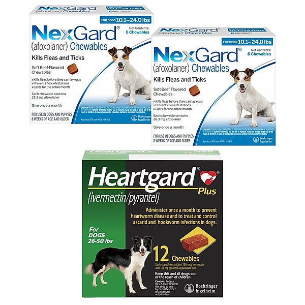 NexGard Chew, 10.1-24 lbs, (Blue Box), 12 Chews (12-mos. supply) + Heartgard Plus Chew for Dogs, 26-50 lbs, (Green Box), 12 Chews (12-mos. supply) slide 1 of 9