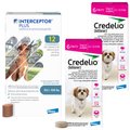 Credelio Chewable Tablet, 6.1-12 lbs, (Pink Box), 12 Chewable Tablets (12-mos. supply) + Interceptor Plus Chew for Dogs, 50.1-100 lbs, (Blue Box), 12 Chews (12-mos. supply)