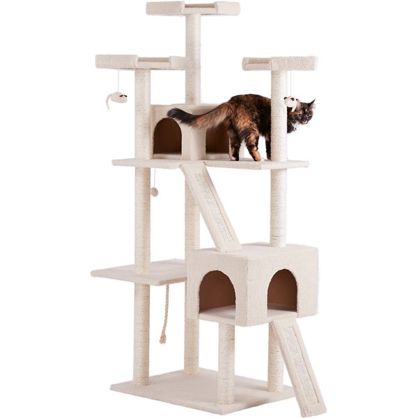 FRISCO 72-in Large Base Faux Fur Cat Tree & Condo, Cream - Chewy.com