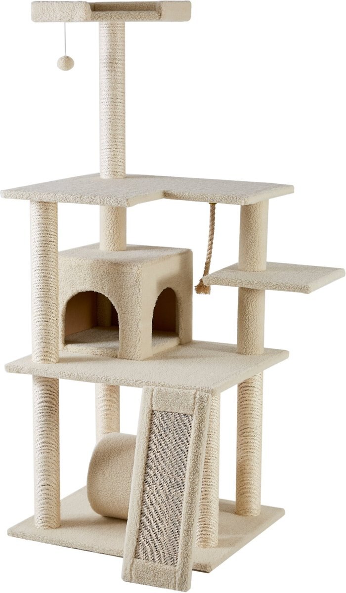 FRISCO 62in Faux Fur Cat Tree & Condo, Cream