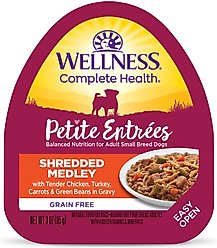 Wellness Petite Entrees Shredded Medley Chicken & Turkey Small Breed Natural Wet Dog Food, 3-oz cup, 12 count